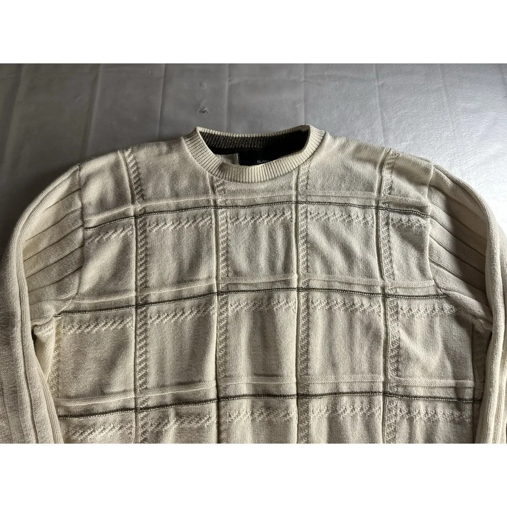 Bill Blass long sleeve cream gray black striped crewneck knit‎ sweater men's XXL